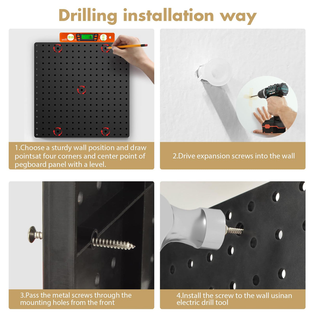 FZK Peg Board,Pegboard 32"*32",Pegboard Wall Organizer with Strong Ribs Back Holds up for 200Ib, Black Pegboard 4pcs,Peg Boards for Walls for Garage FZK