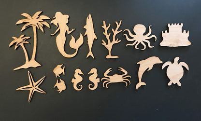 14-Pack Sea Life Beach Ocean Decor Wall Unfinished Wood Cutout Crafts Shapes Cut Outs Sea Turtle, Mermaid, Palm Tree, - WoodArtSupply