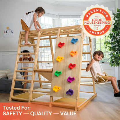 Avenlur Magnolia Indoor Playground 6-in-1 Jungle Gym Montessori Waldorf Style Wooden Climber Playset Slide, Rock Climbing Wall, Rope Wall Climber, - WoodArtSupply