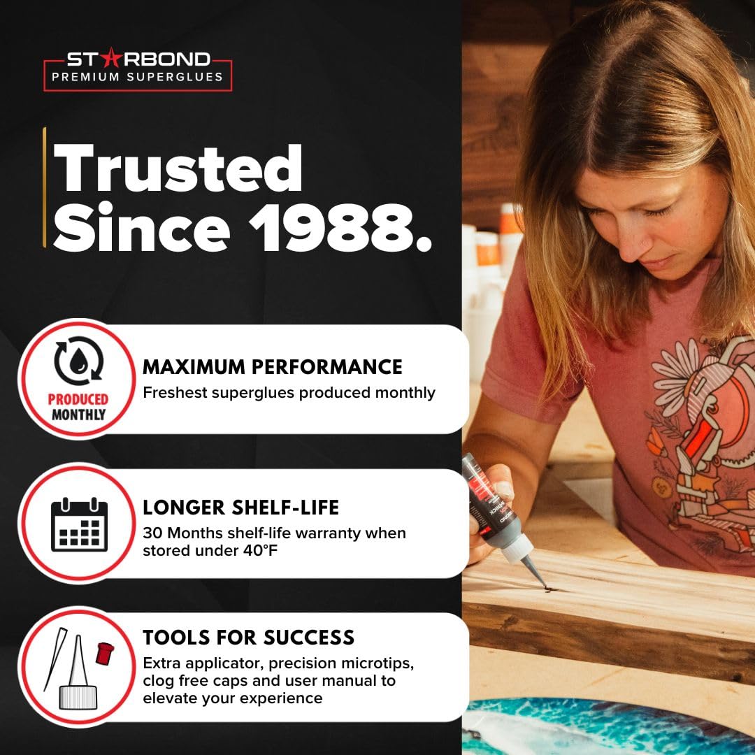 Starbond 2 oz. Thin, Medium, Thick CA Glue with 6 oz. Activator Bundle (Premium Cyanoacrylate Super Glue) for Quick Glue-ups. Woodworking, STARBOND