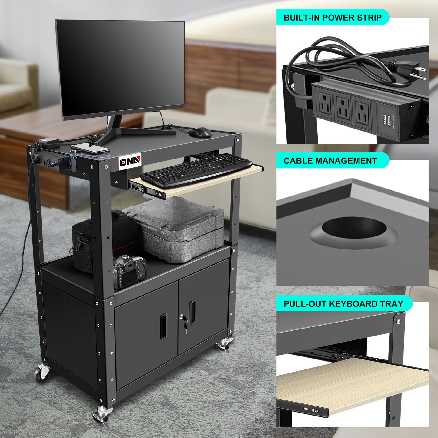 DNA MOTORING Steel AV Cart with Extra Storage Cabinet, 30.8" x 18" x 22"-42" Height Adjustable Rolling Projector Utility Cart, TOOLS-00293 - WoodArtSupply