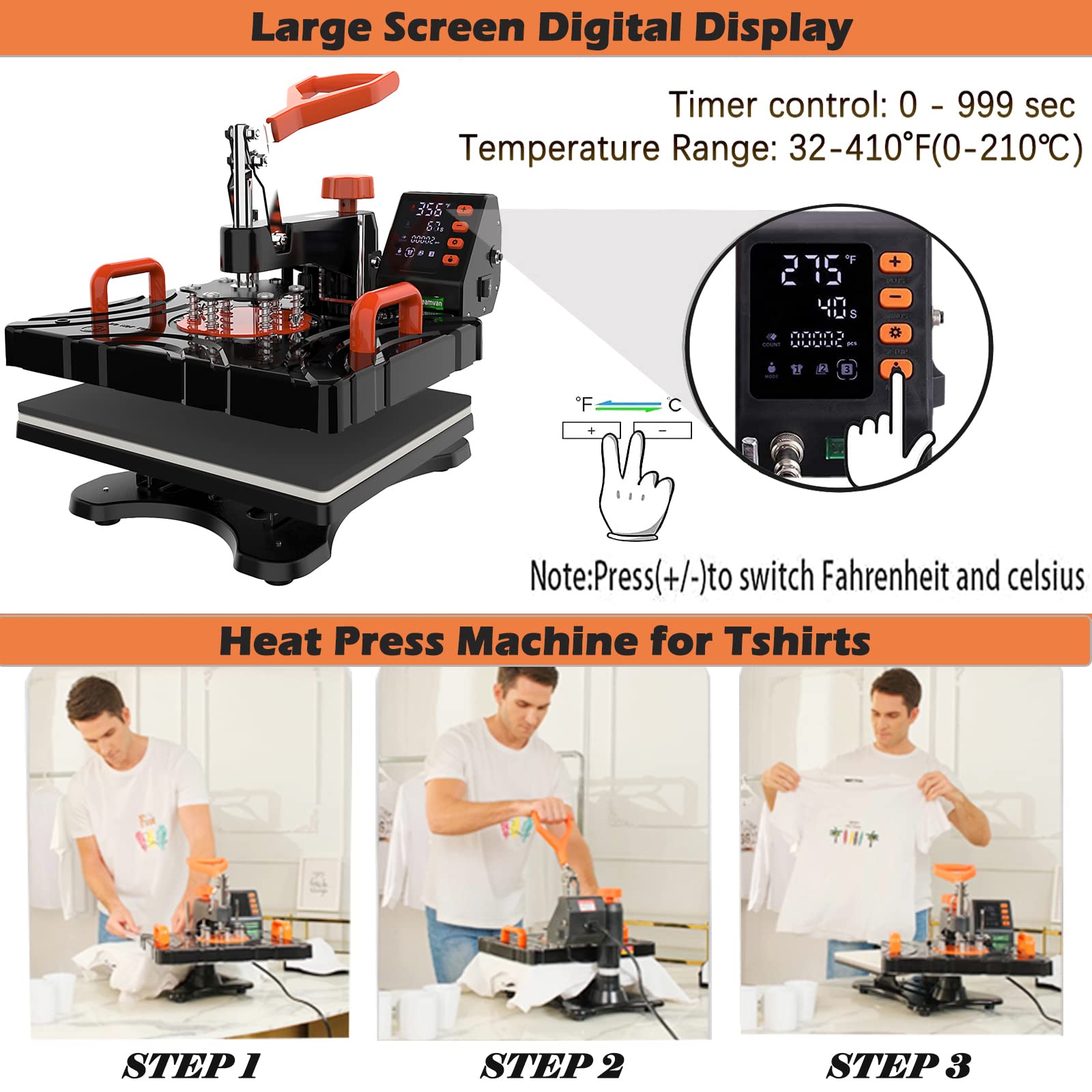 Heat Press Machine 8 in 1 Upgrade Sublimation Machine 15"X12" Swing Away Heat Press Clamshell Printing Heat Transfer Industrial-Quality Heat Press - WoodArtSupply