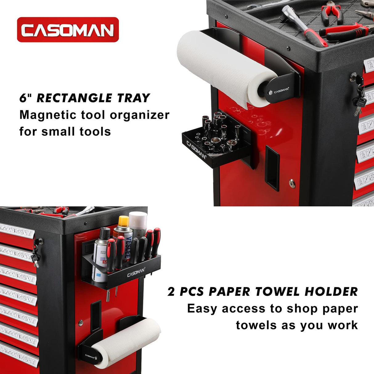CASOMAN Magnetic Toolbox Shelf, Tray, Paper Towel Holder, 4-Piece Set, Black, Variety of Use, Durable, Magnets Any Metal Surface CASOMAN