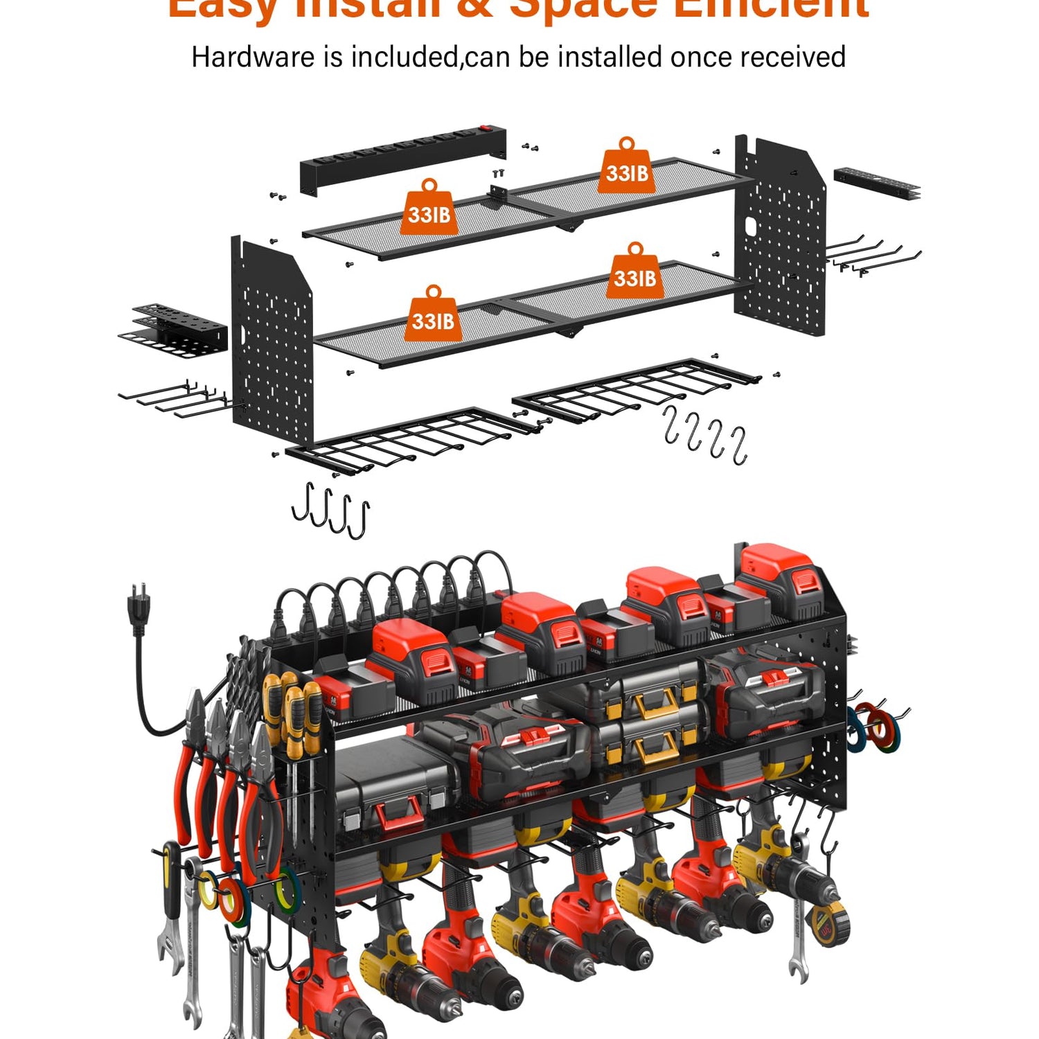 JUNNUJ Large Pegboard Power Tool Organizer with Charging Station, 8 Drills Driver and Tools Battery Holder Wall Mount with 8 Outlet Power Strip, JUNNUJ