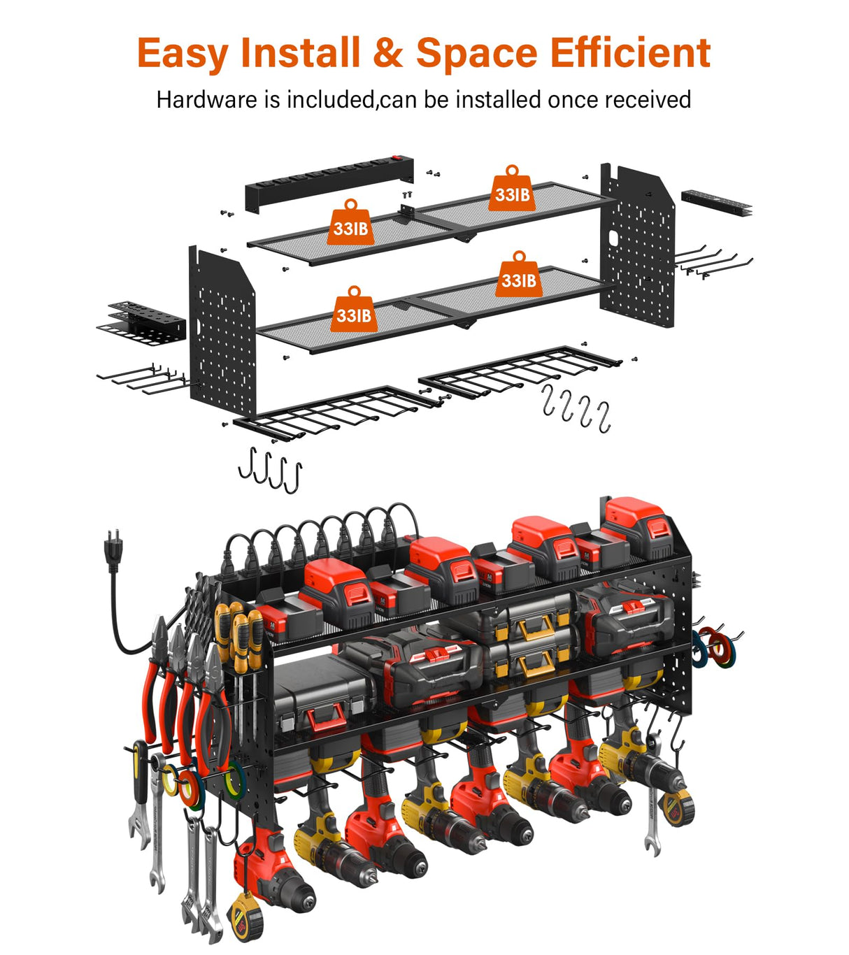 JUNNUJ Large Pegboard Power Tool Organizer with Charging Station, 8 Drills Driver and Tools Battery Holder Wall Mount with 8 Outlet Power Strip, JUNNUJ