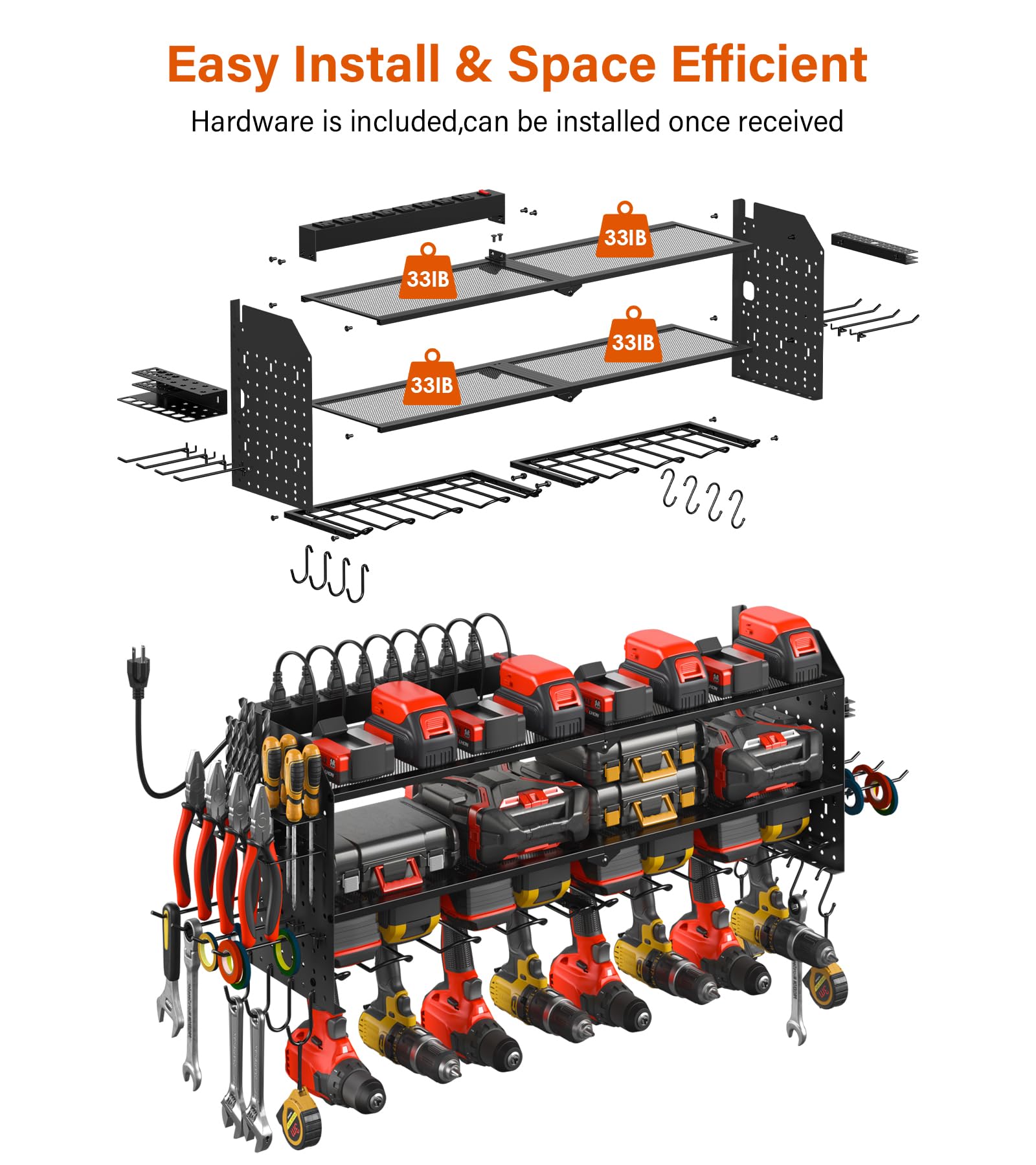 JUNNUJ Large Pegboard Power Tool Organizer with Charging Station, 8 Drills Driver and Tools Battery Holder Wall Mount with 8 Outlet Power Strip, - WoodArtSupply