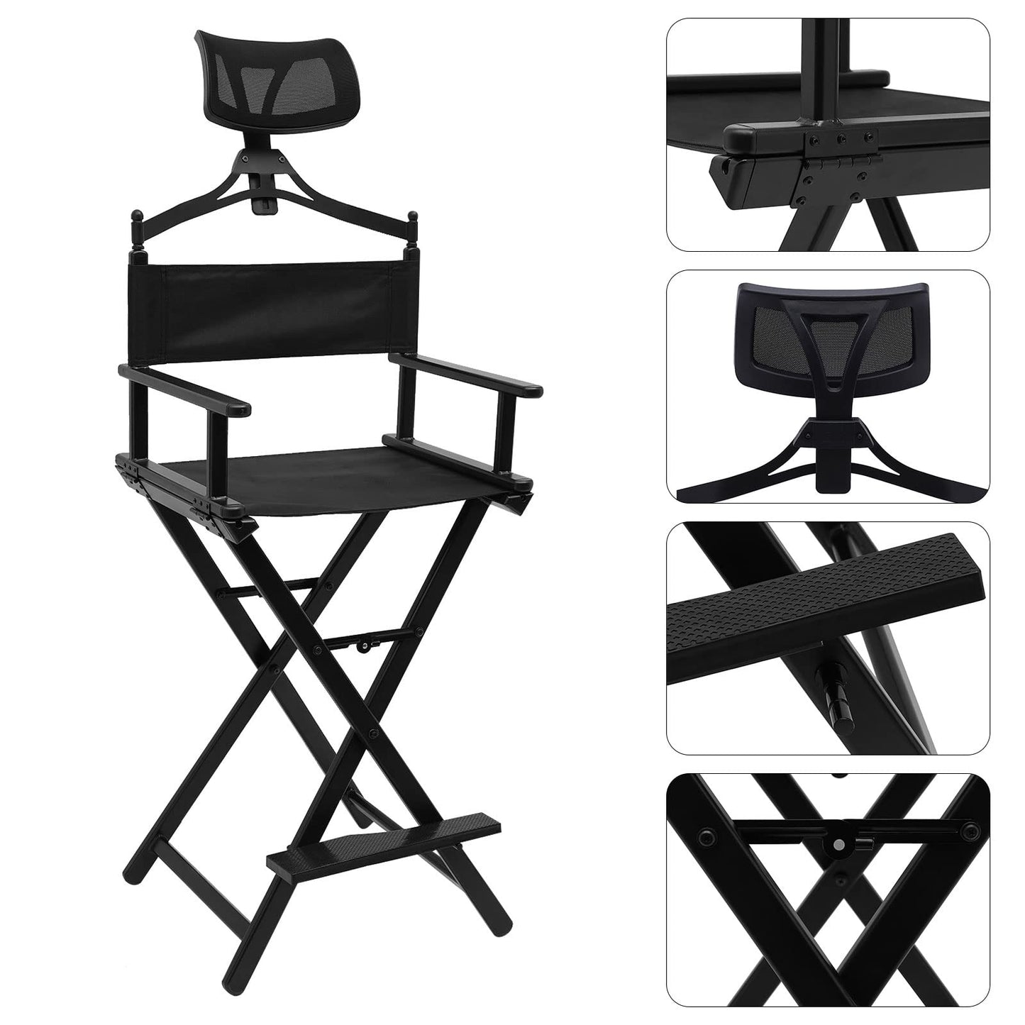 BINELUCOLU Tall Director Chair, Folding Makeup Artist Chair with Head/Foot Rest Height Adjustable Portable Makeup Chair, Support 330.69lbs