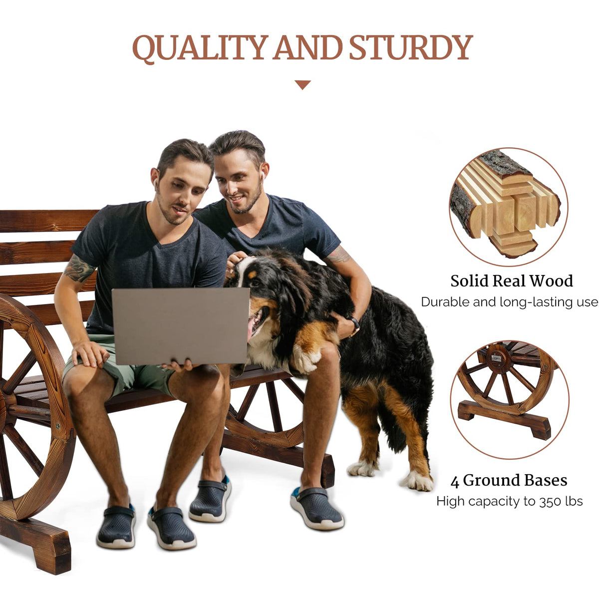 VINGLI 41" Rustic Wooden Wheel Bench - Stylish 2-Person Outdoor Patio Seat with High Capacity VINGLI