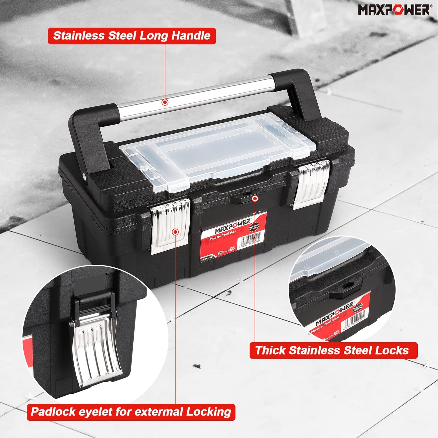 MAXPOWER 16 inch Tool Box with Removable Tray, Portable Toolbox with Stainless Steel Handle & Doule Metal Latch, Rated up to 33 Lbs