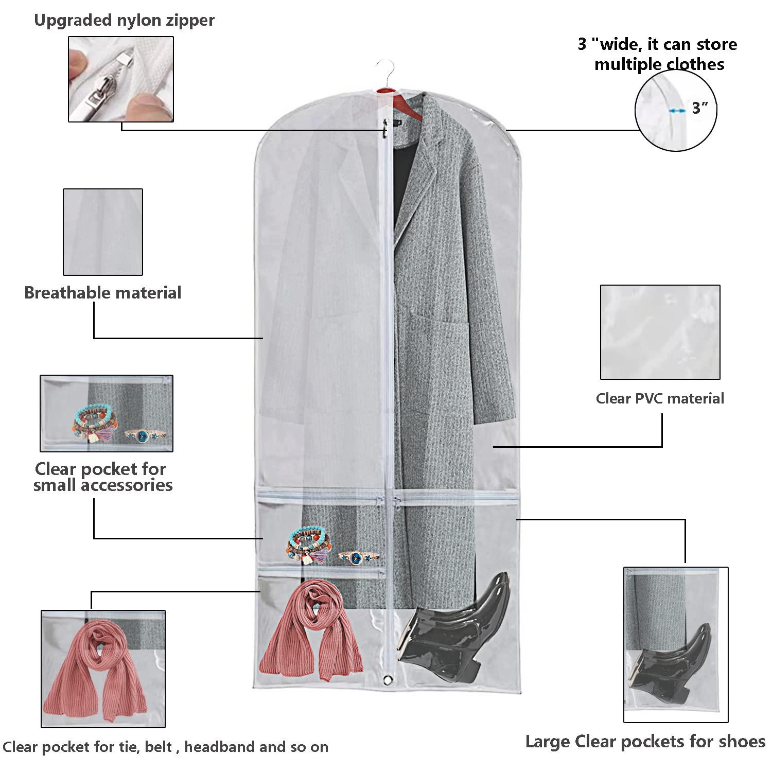 WJWSKI Clear Garment Bags for Hanging Clothes,50 Inch Waterproof Garment Bag for Travel,Clothing Cover Storage Bags with 3 Pockets for WJWSKI