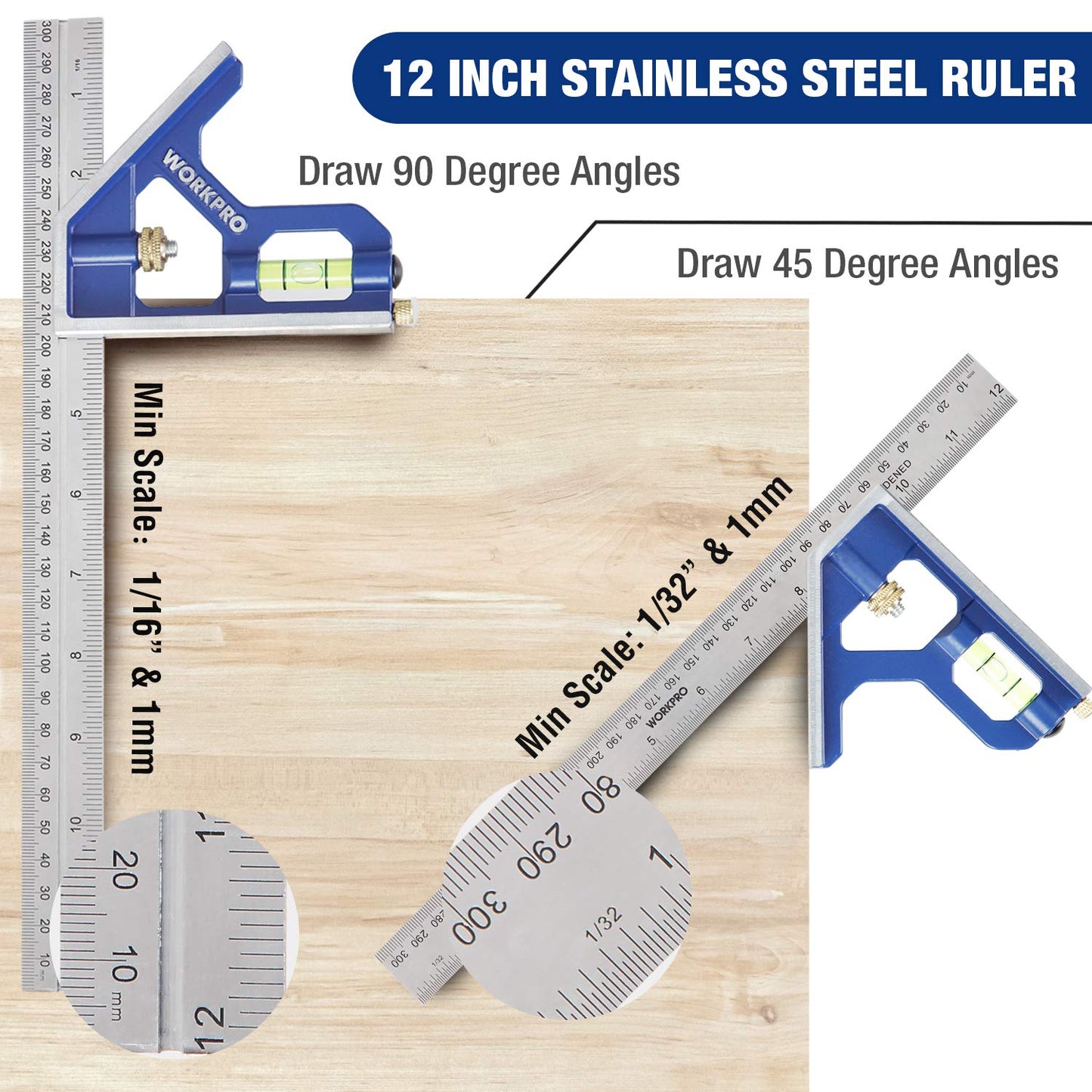 WORKPRO Aluminum Alloy Carpenter Square and Zinc-Alloy Square Ruler Set - 7 in. Rafter Layout Tool and 12 in. Combination Square Combo - WoodArtSupply