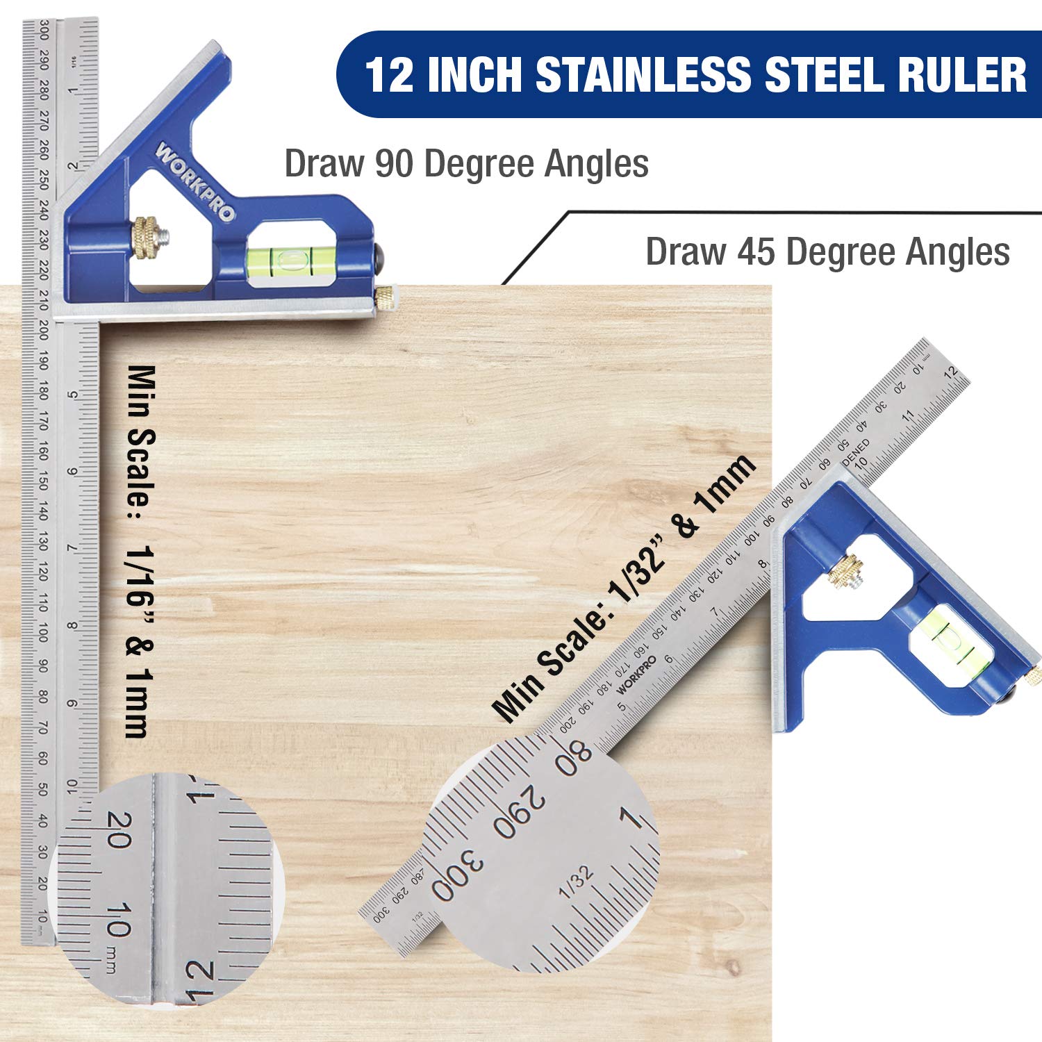 WORKPRO Aluminum Alloy Carpenter Square and Zinc-Alloy Square Ruler Set - 7 in. Rafter Layout Tool and 12 in. Combination Square Combo - WoodArtSupply