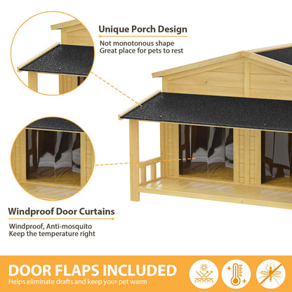 RITSU 47.2" Dog House, Waterproof Dog Kennel, Wooden Outdoor and Indoor Dog House, Log Cabin Style with Porch,Elevated Floor, 2 Doors, Pine Wood + - WoodArtSupply