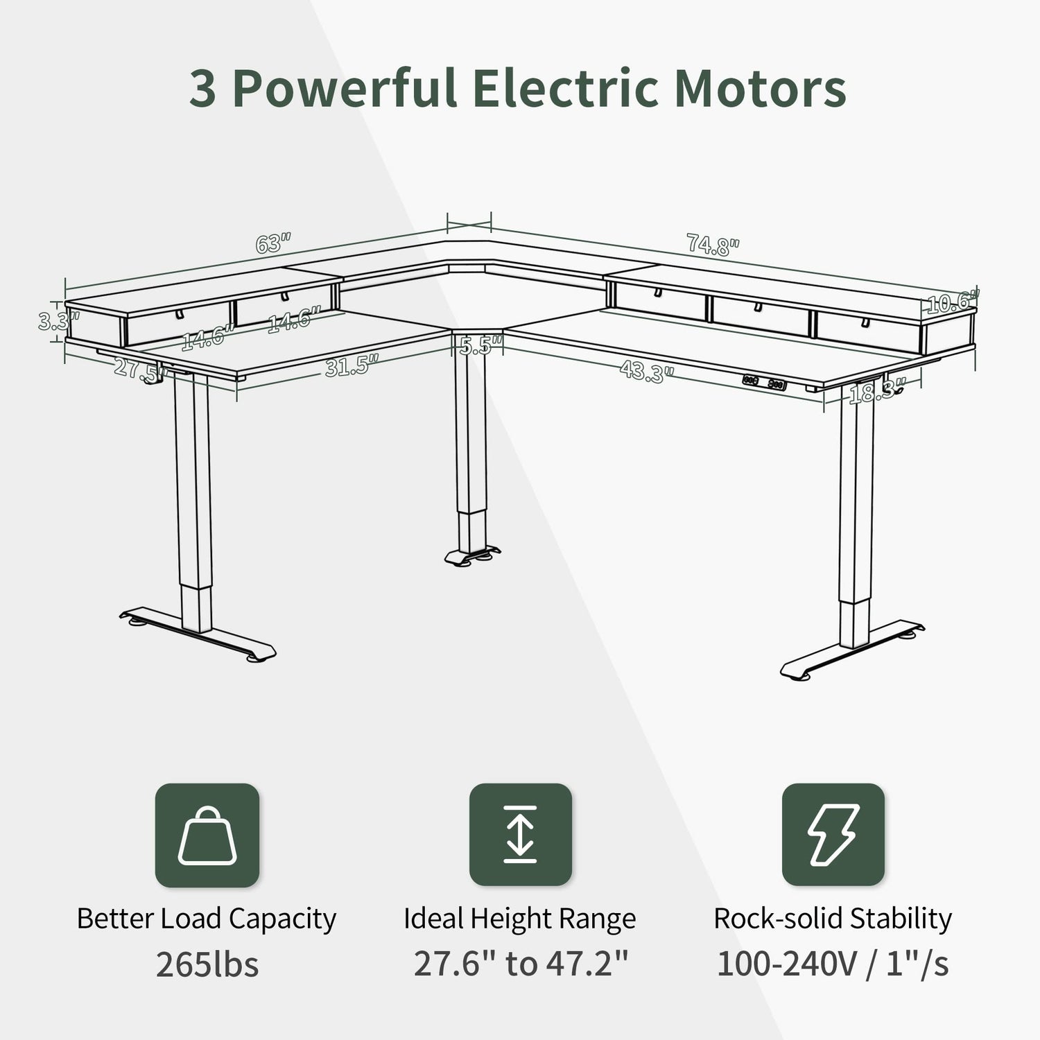 FEZIBO Triple Motor 75" L Shaped Standing Desk with 5 Drawers, Reversible Electric Standing Gaming Desk Adjustable Height, Corner Stand up Desk with FEZIBO