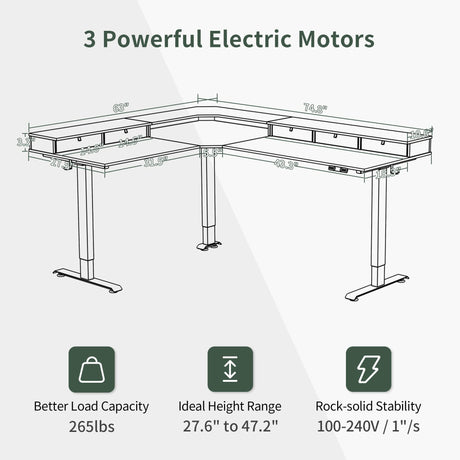 FEZIBO Triple Motor 75" L Shaped Standing Desk with 5 Drawers, Reversible Electric Standing Gaming Desk Adjustable Height, Corner Stand up Desk with FEZIBO