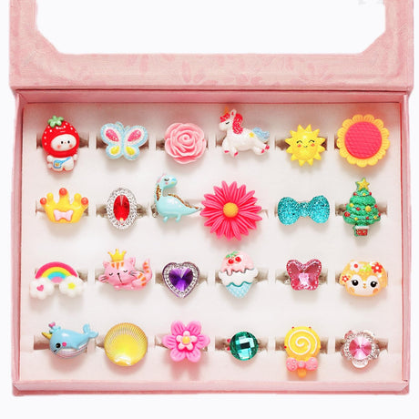 PinkSheep Little Girl Jewel Rings in Box, Adjustable, No Duplication, Girl Pretend Play and Dress Up Rings (24 Lovely Ring) PinkSheep