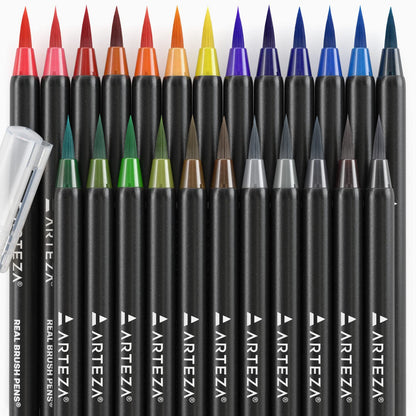ARTEZA Real Brush Pens, 24 Watercolor Markers for Watercolor Painting, Drawing, and Calligraphy, Flexible Nylon Brush Tips, Ideal Drawing Pens for