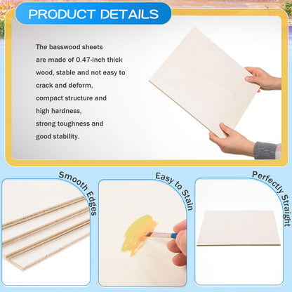 4 Pack 12 x 12 Inch Basswood Sheets for Crafts 12mm-1/2 Thick Unfinished Plywood Boards Blank Wood Square Sheets for DIY Projects, Painting, Wood