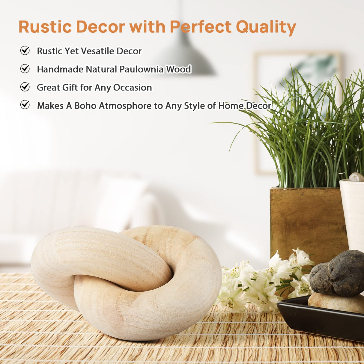 POPRHINO Wood Chain Decor, 2-Link Decorative Chain Hand Carved Boho Wood Knot Decor for Bookshelf Desk Living Room Coffee Table Farmhouse Wood Decor POPRHINO