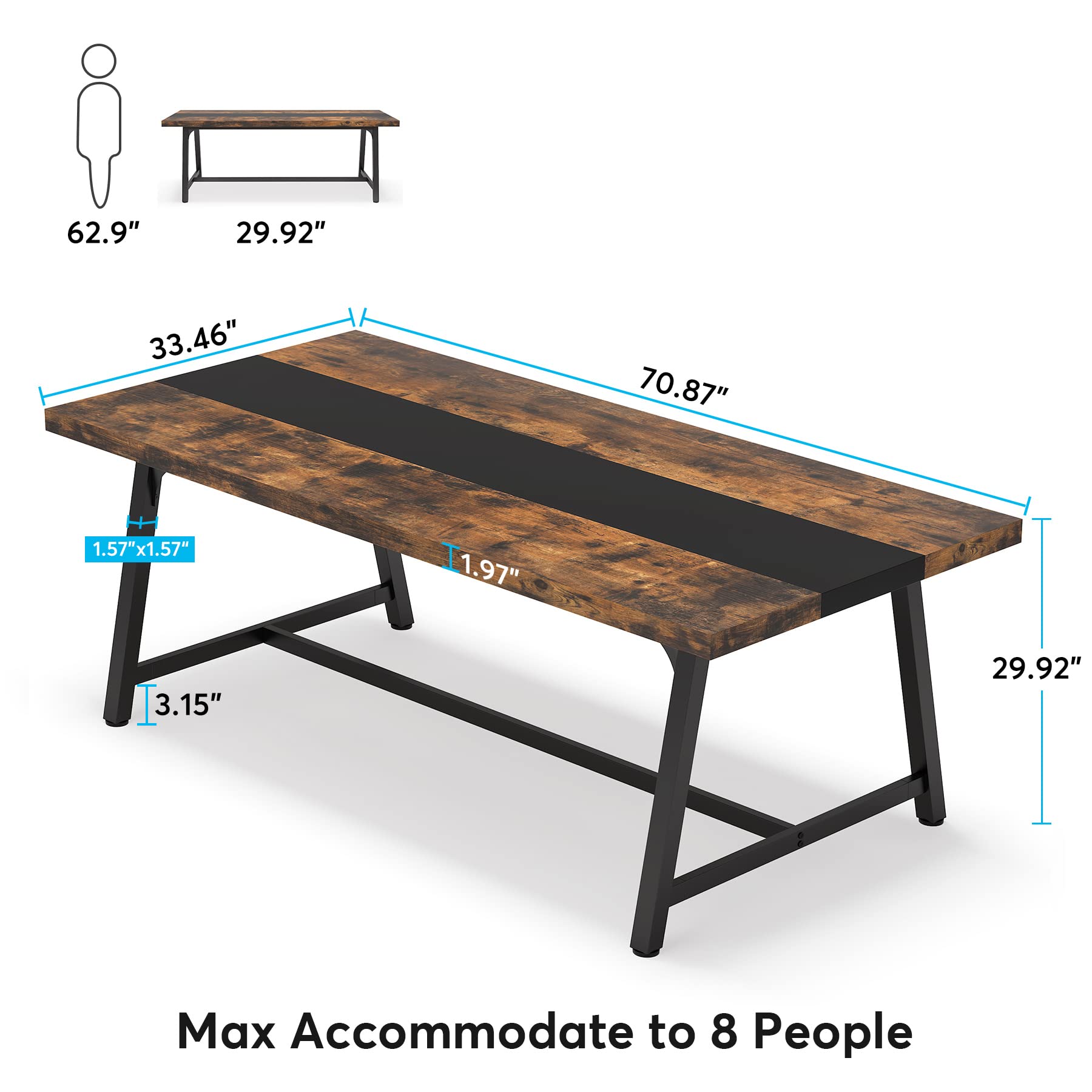 Tribesigns Dining Table for 8 People, 70.87-inch Rectangular Wood Kitchen Table with Strong Metal Frame, Industrial Large Long Dining Room Table for - WoodArtSupply