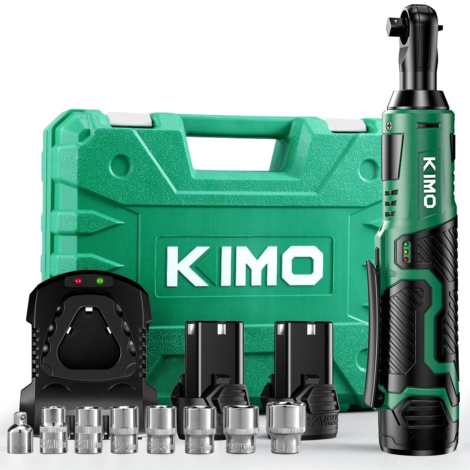 KIMO Cordless Electric Ratchet Wrench Set, 40 Ft-lbs, 400 RPM, 3/8" 12V Cordless Ratchet Kit w/ 60-Min Fast Charge, Variable Speed Trigger, 2-Pack K I M O.