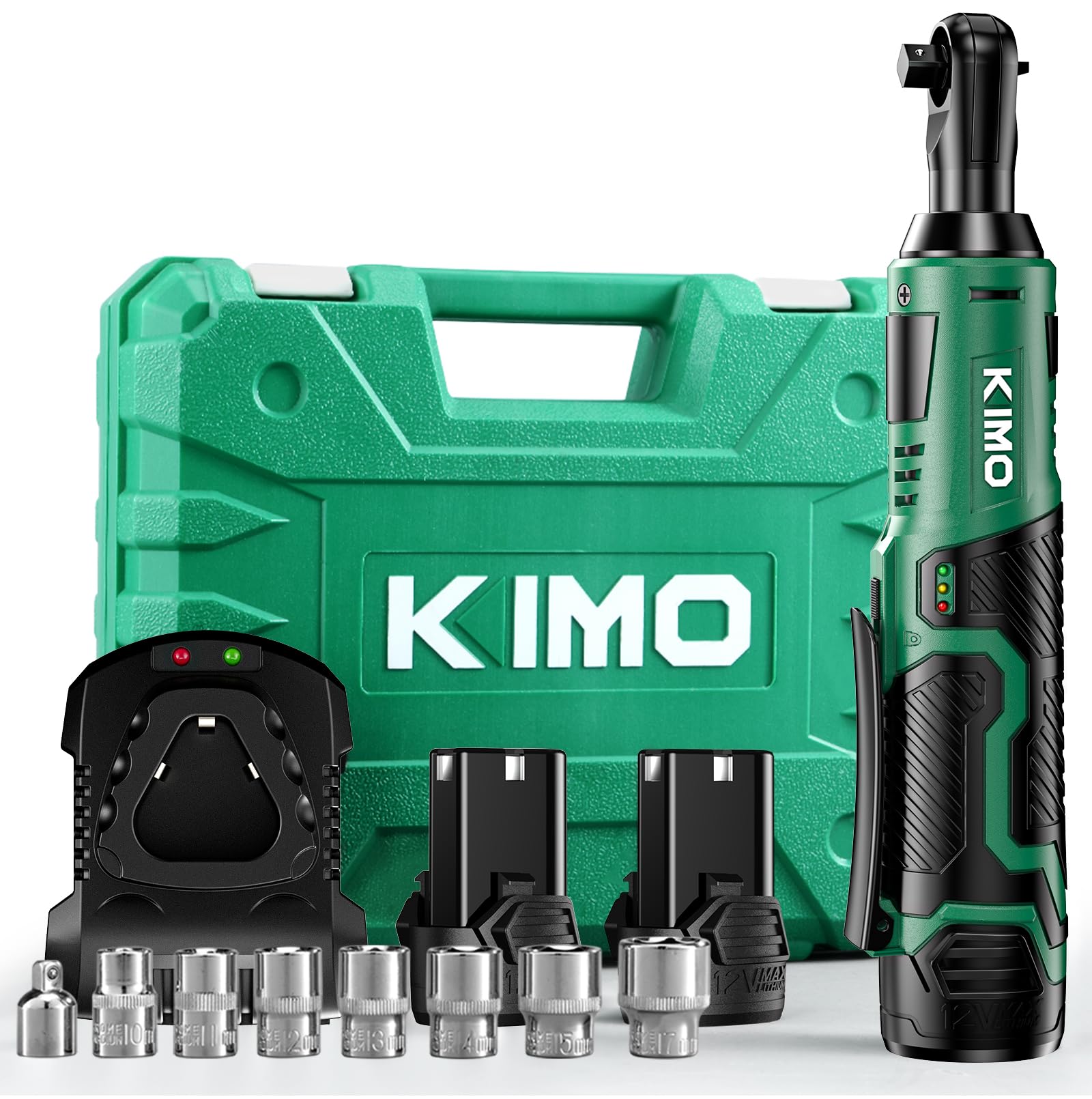 KIMO Cordless Electric Ratchet Wrench Set, 40 Ft-lbs, 400 RPM, 3/8" 12V Cordless Ratchet Kit w/ 60-Min Fast Charge, Variable Speed Trigger, 2-Pack - WoodArtSupply