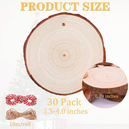 Natural Wood Slices - 30 Pcs 3.5-4 inches Craft Unfinished Wood kit Predrilled with Hole Wooden Circles for Arts Wood Slices Christmas Ornaments DIY