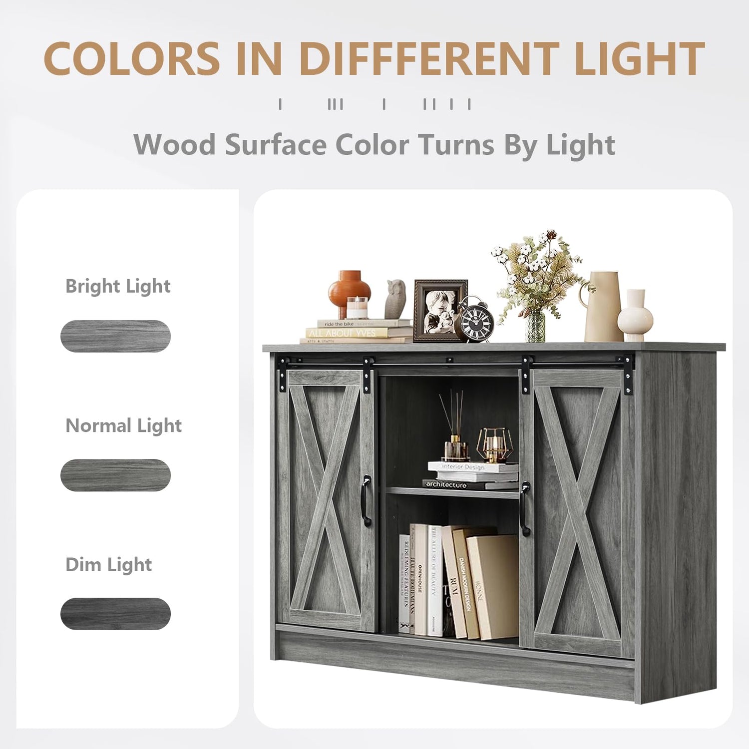 4 EVER WINNER Farmhouse Sideboard Buffet Cabinet with Storage, 42” Kitchen Cabinet with Sliding Barn Doors, Rustic Wood Coffee Bar Cabinet Table 4 EVER WINNER