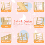 Toddler Climbing Toys Indoor, 66inch Indoor Jungle Gym, 8-in-1 Wooden Indoor Playground Set with Swing, Rock Climb Wall, Slide, Monkey Bars, Wood & YueYueFa