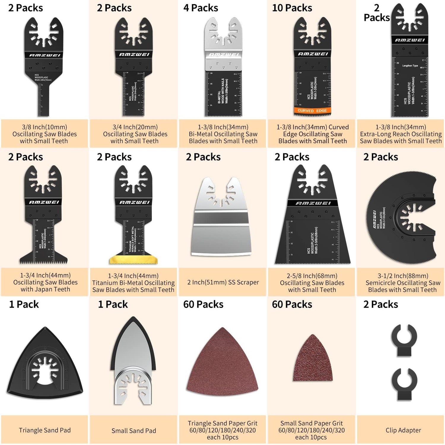 AMZWEI 154 Metal Wood Oscillating Tool Blade, Titanium Oscillating Saw Blades with Sandpaper, Quick Release Multi Tool Blades Kits for Dewalt Ryobi AMZWEI