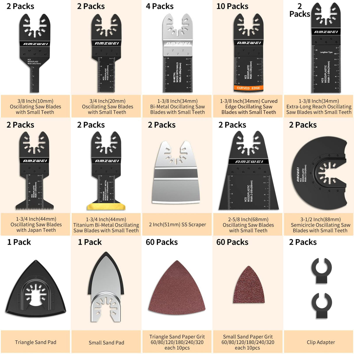 AMZWEI 154 Metal Wood Oscillating Tool Blade, Titanium Oscillating Saw Blades with Sandpaper, Quick Release Multi Tool Blades Kits for Dewalt Ryobi AMZWEI