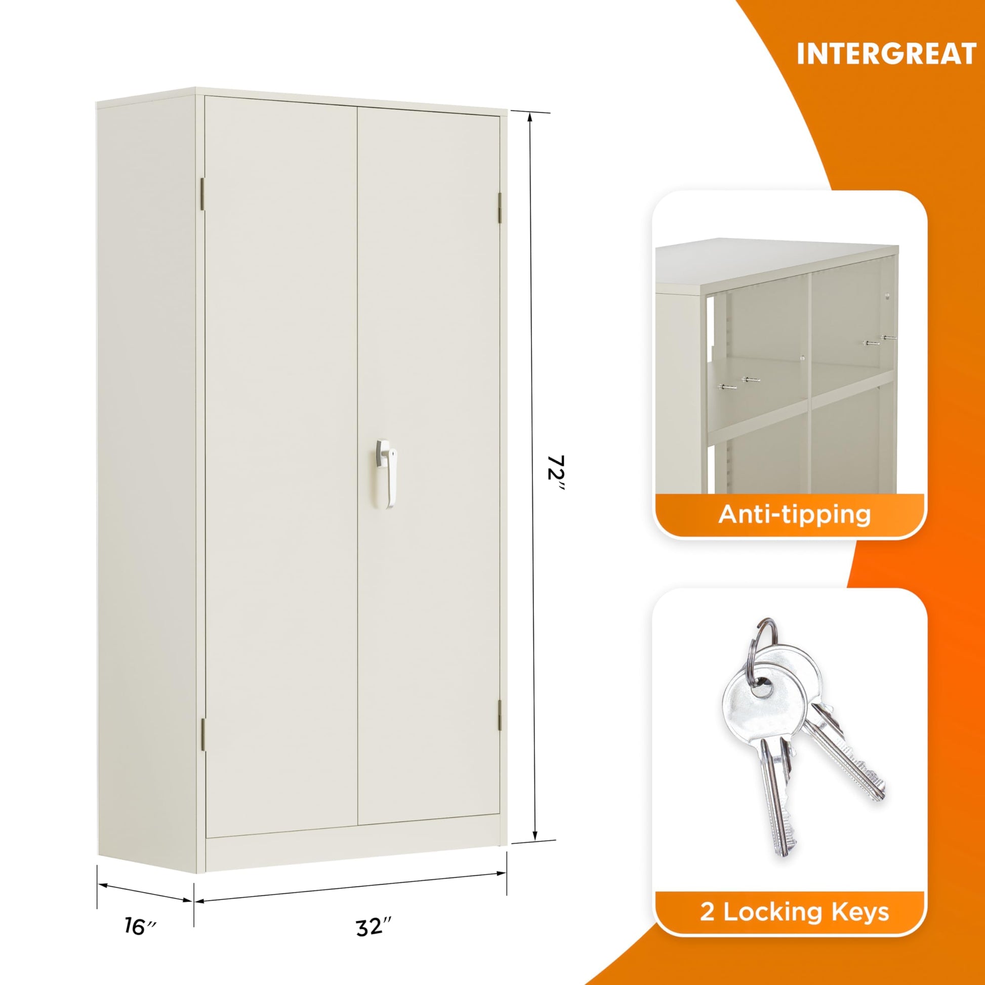 INTERGREAT Metal Storage Cabinet with Doors and Shelves, 72" Garage Storage Cabinet with Lock, Lockable Tool Steel Cabinet for Home Office, - WoodArtSupply