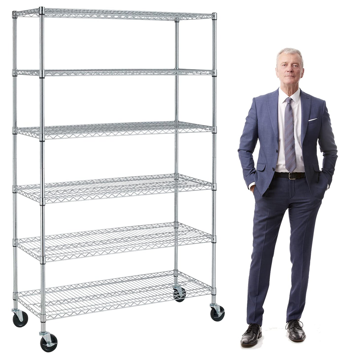 TYNB, Metal Storage Rack 6000 Lbs Capacity, 6 Tier Metal Shelf with Wheels 48In L×18In W×76In H NSF Height Adjustable Movable Heavy Duty Wire