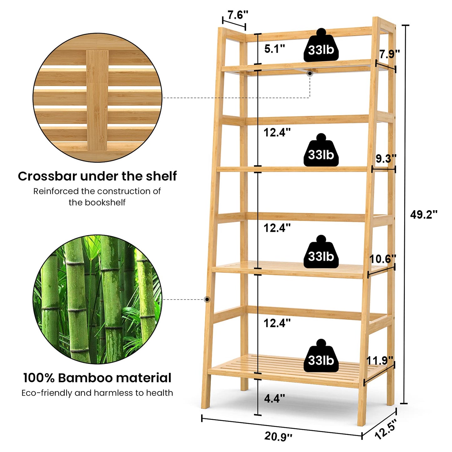 Homykic Bamboo Bookshelf 4-Tier Ladder Shelf, 49.2” Freestanding Open Bookcase Book Shelf Bathroom Storage Shelf Unit Plant Stand for Small Space,