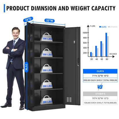 Metal Storage Cabinet with Lock, 71" Lokcing Cabinet with 2 Hooks, 2 Door Cabinet with 4 Adjustable Shelf, Heavy Duty Garage Cabinets and Storage - WoodArtSupply