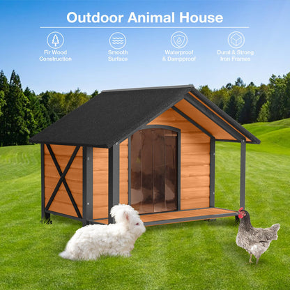 Suumerpety Outdoor Dog House,Weatherproof Wooden Dog Shelter for Small to Medium Sized Dogs,Iron Frame Indoor Outdoor Doghouse,Puppy Kennel,Pets Warm