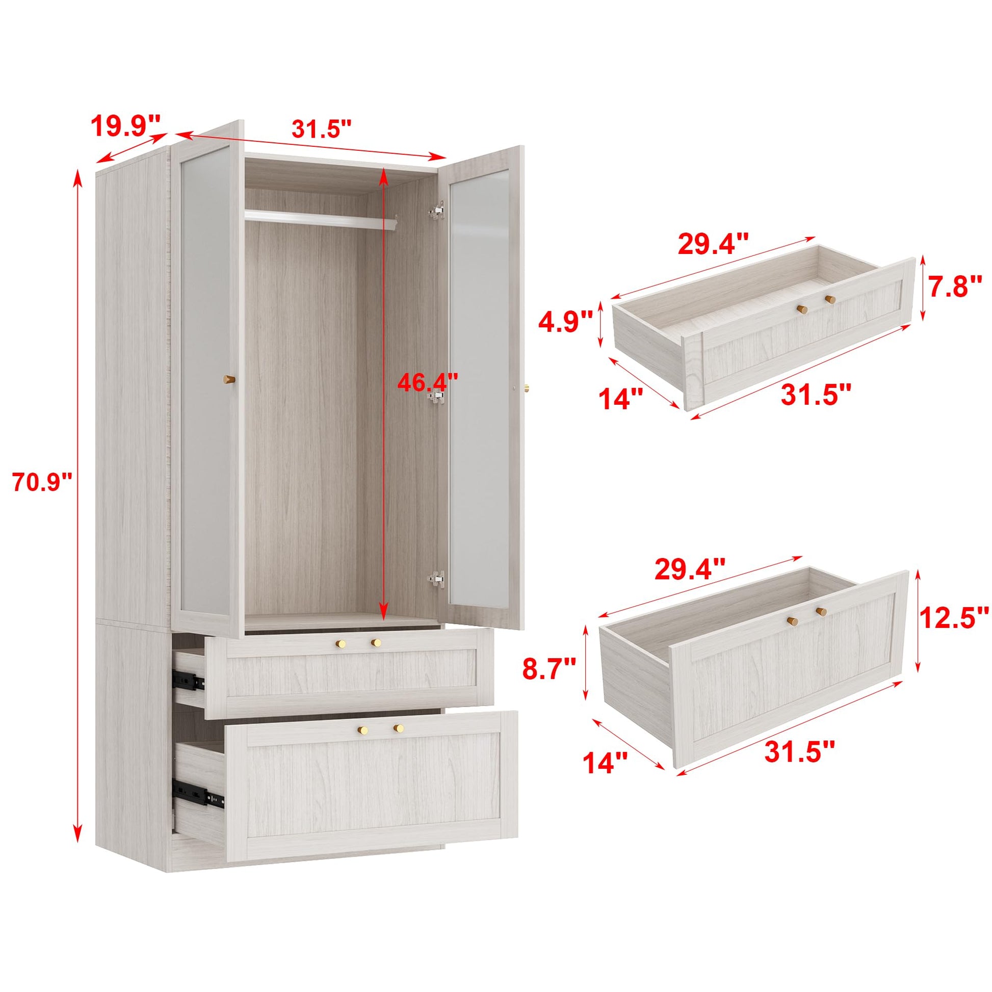 Homsee 31.5”L Armoire Wardrobe Closet with Frosted Glass Doors, Hanging Bar & 2 Drawers, Warm Grey Wooden Closet Storage Cabinet for Bedroom - WoodArtSupply