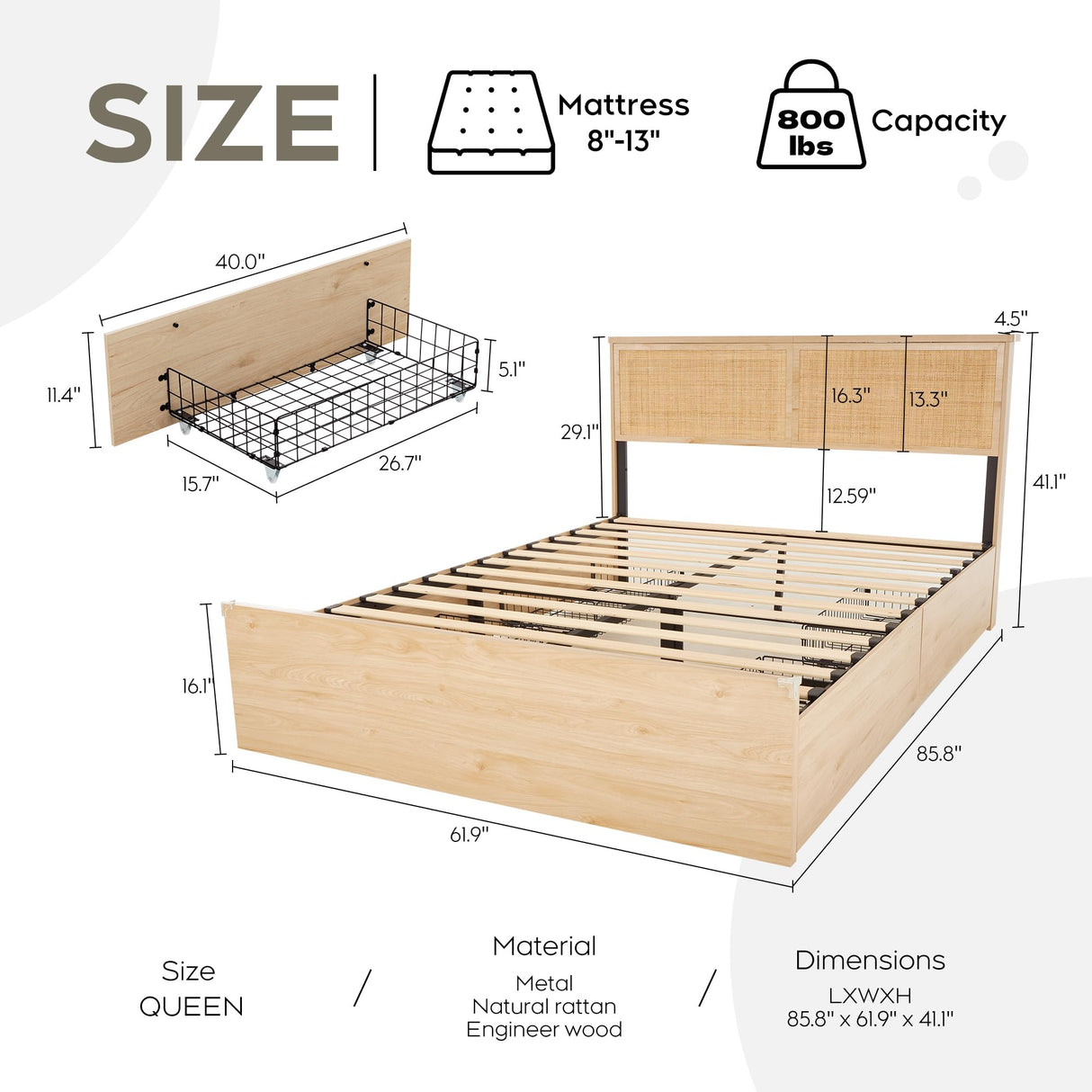 Yechen Boho Queen Bed Frame with Rattan Headboard and 4 Storage Drawers Yechen