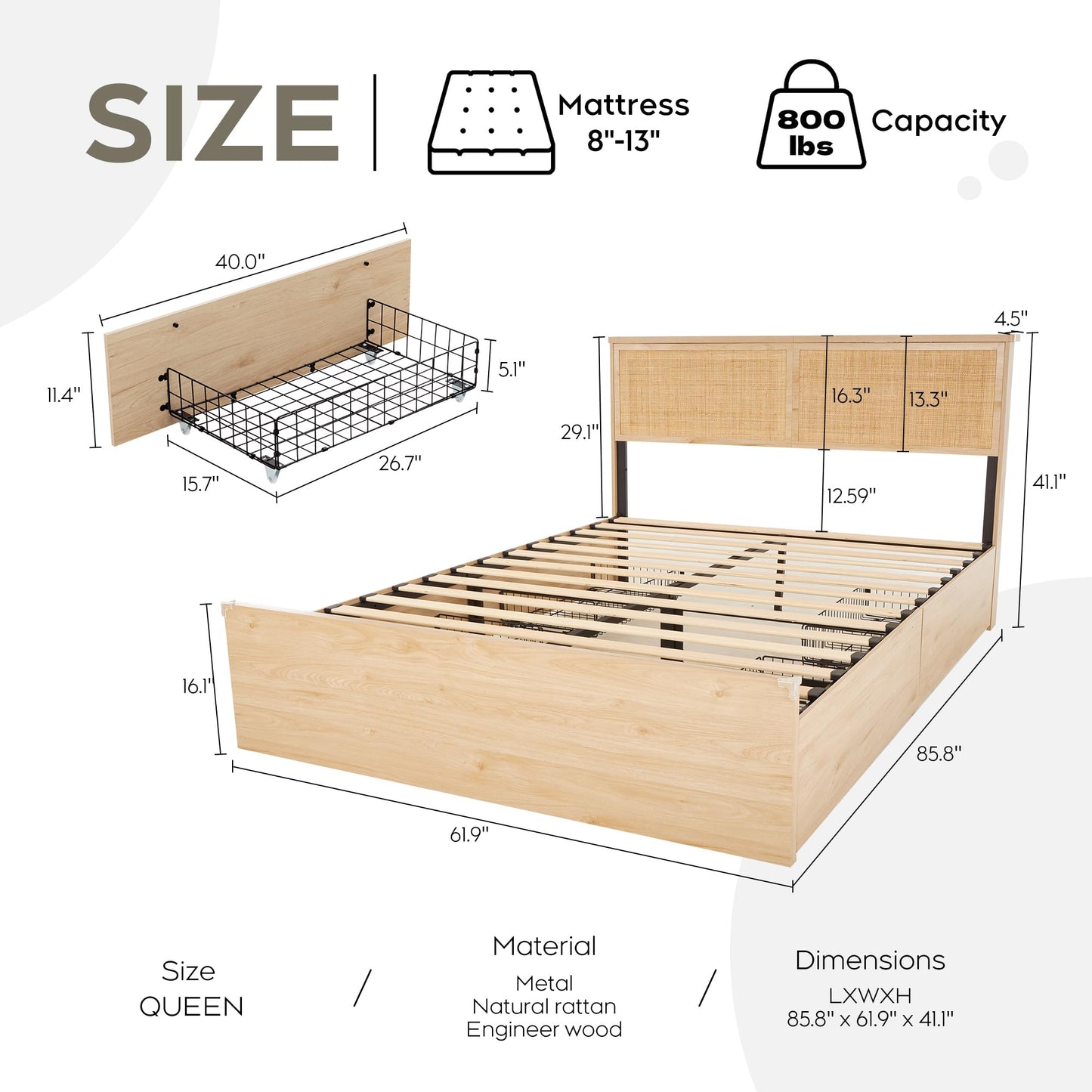 Yechen Queen Bed Frame with Natural Rattan Headboard and Wooden 4 Storage Drawers, Metal Platform with Strong Wooden Slats Support, Boho Cane Bed