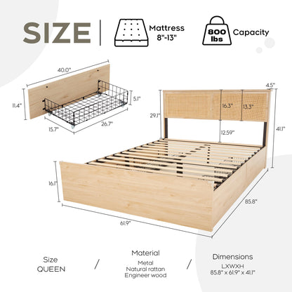 Yechen Queen Bed Frame with Natural Rattan Headboard and Wooden 4 Storage Drawers, Metal Platform with Strong Wooden Slats Support, Boho Cane Bed