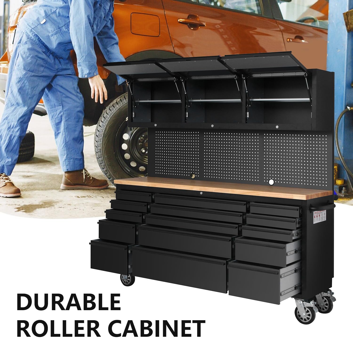 SINDA 72 Inch Tool Chest with Drawers and Wheels Mobile Workbench Garage Tool Storage Cabinet Large Rolling Lockable Tool Box with Wood Top, 15 SINDA