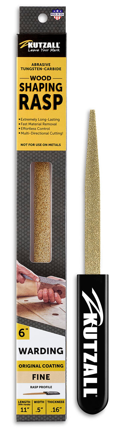 Kutzall Original 6" Warding Hand Rasp - Fine, Wood Rasp/File Used for Woodworking & Shaping, W/Ergonomic Soft Grip Handle, Abrasive Tungsten Carbide Kutzall
