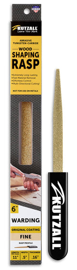 Kutzall Original 6" Warding Hand Rasp - Fine, Wood Rasp/File Used for Woodworking & Shaping, W/Ergonomic Soft Grip Handle, Abrasive Tungsten Carbide Kutzall