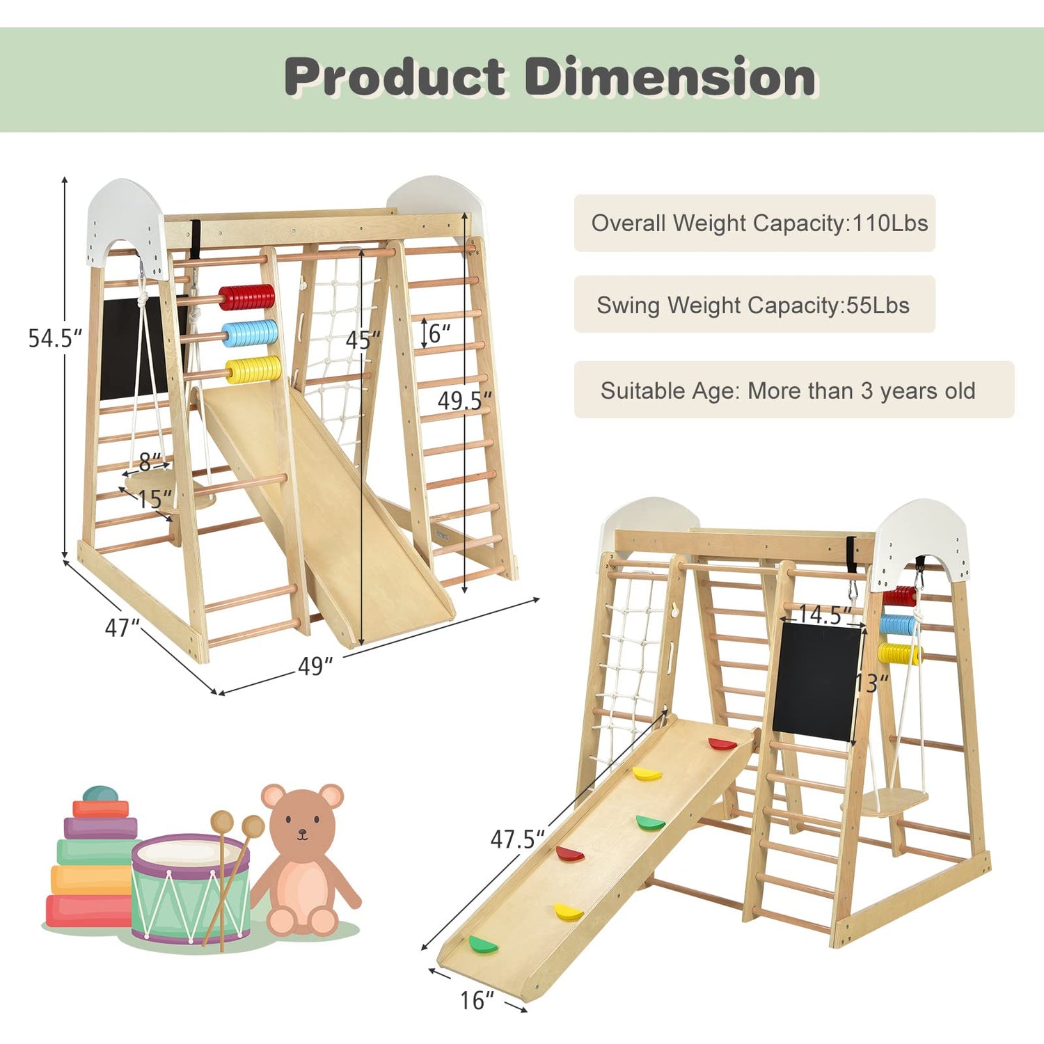 Costzon Indoor Jungle Gym, 8-in-1 Climbing Toys for Toddlers with Slide, Climbing Rock/Net, Monkey Bars, Drawing Board, Abacus Game and Swing, Wooden Costzon