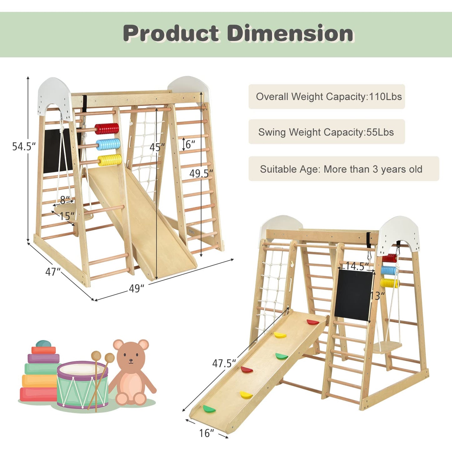 Costzon Indoor Jungle Gym, 8-in-1 Climbing Toys for Toddlers with Slide, Climbing Rock/Net, Monkey Bars, Drawing Board, Abacus Game and Swing, Wooden