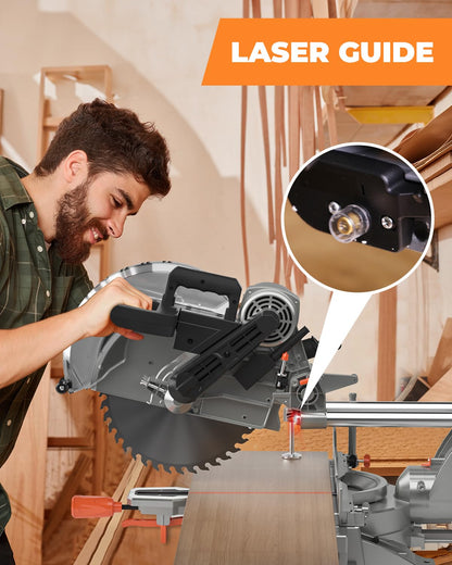 DWT Sliding Miter Saw, 12-inch Compound Miter Saw with Double Bevel Cutting(-45°/0°/+45°)/Laser Guide/9 Positive Stops/3800RPM, 15Amp Miter Saw with - WoodArtSupply