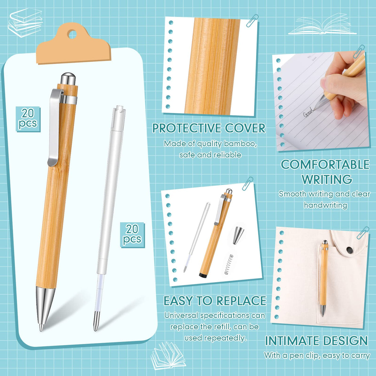 Fainne Engraving Bamboo Pens Bulk Natural Wood Retractable Bamboo Pen with Extra Black Ink Refills Ballpoint Pen Journaling Pen, Gift for Fainne