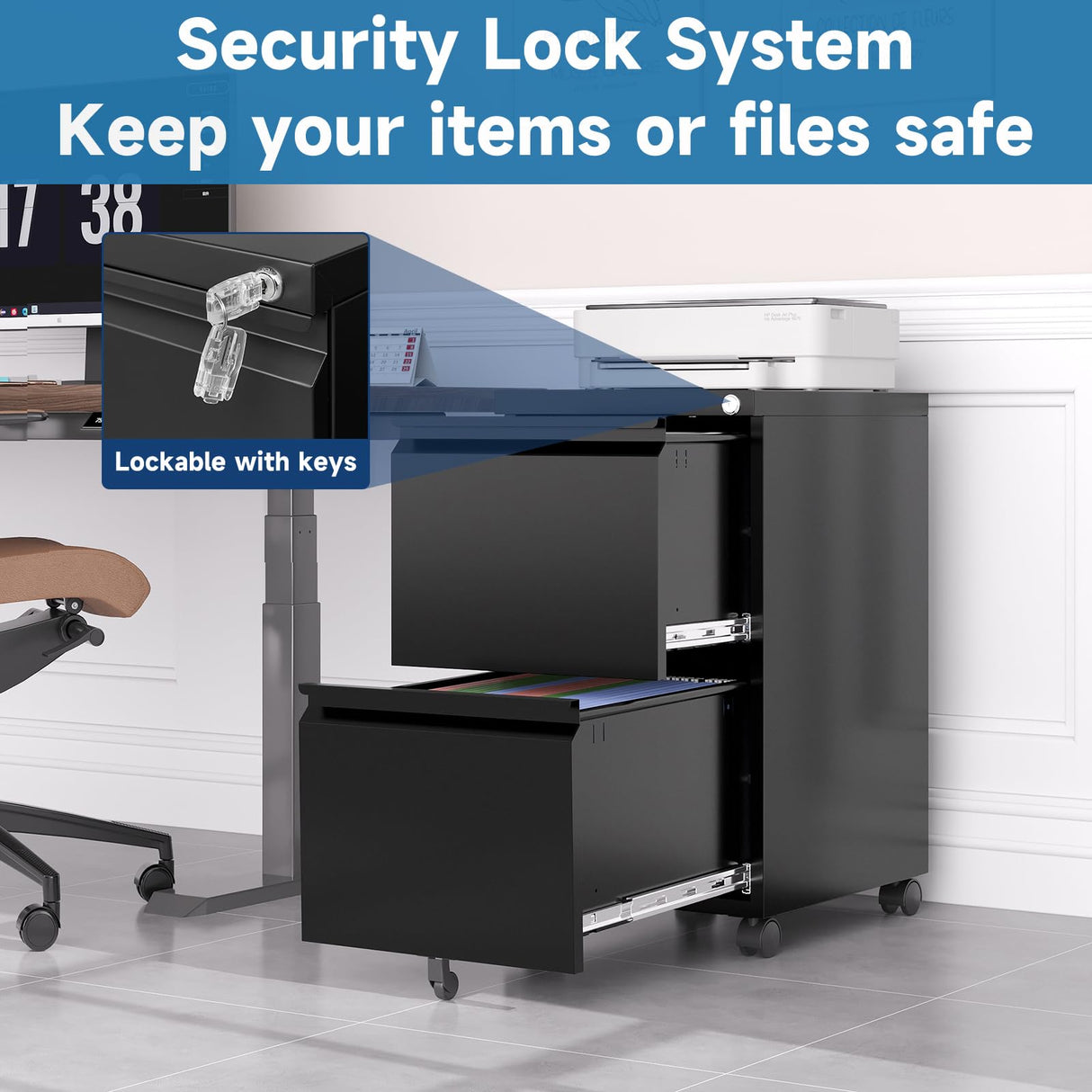 AFAIF 2 Drawer File Cabinet with Lock, Office File Cabinet, Under Desk Small File Cabinet for Home Office, Metal Rolling Vertical Filing Cabinet for AFAIF