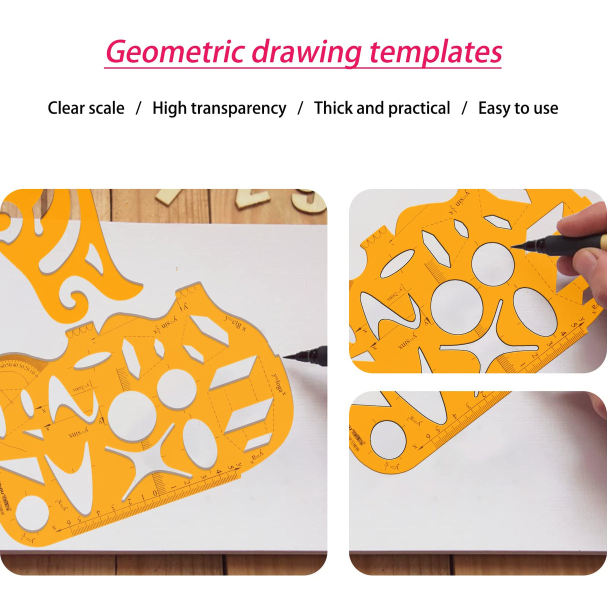 KESAPLAN 9 PCS Geometric Drawings Templates, Drafting Stencils Measuring Tools, Plastic Clear Orange Multi-Function Measuring Rulers with French KesaPlan