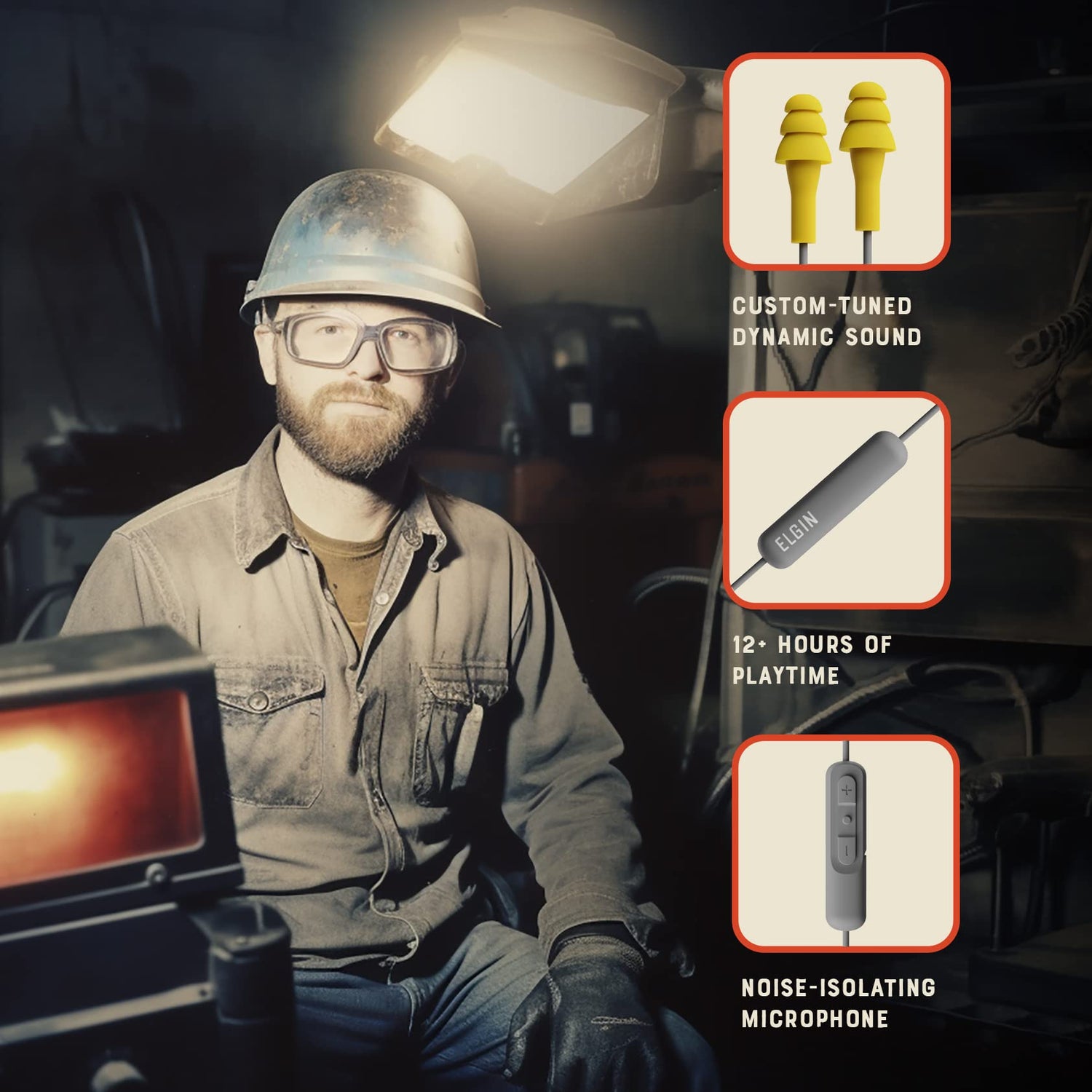 Elgin Ruckus Wireless Bluetooth Earplug Headphones, 25 dB Noise Reduction Ear Plug Earbuds, Noise Cancelling Mic, 12 Hour Battery, IP65 sweatproof, Elgin